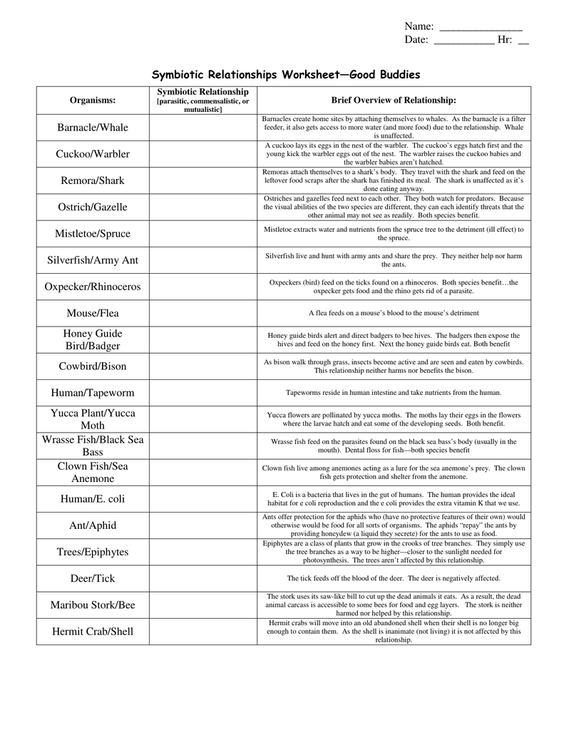 Symbiotic Relationships Worksheetâgood Buddies Barnacle Whale